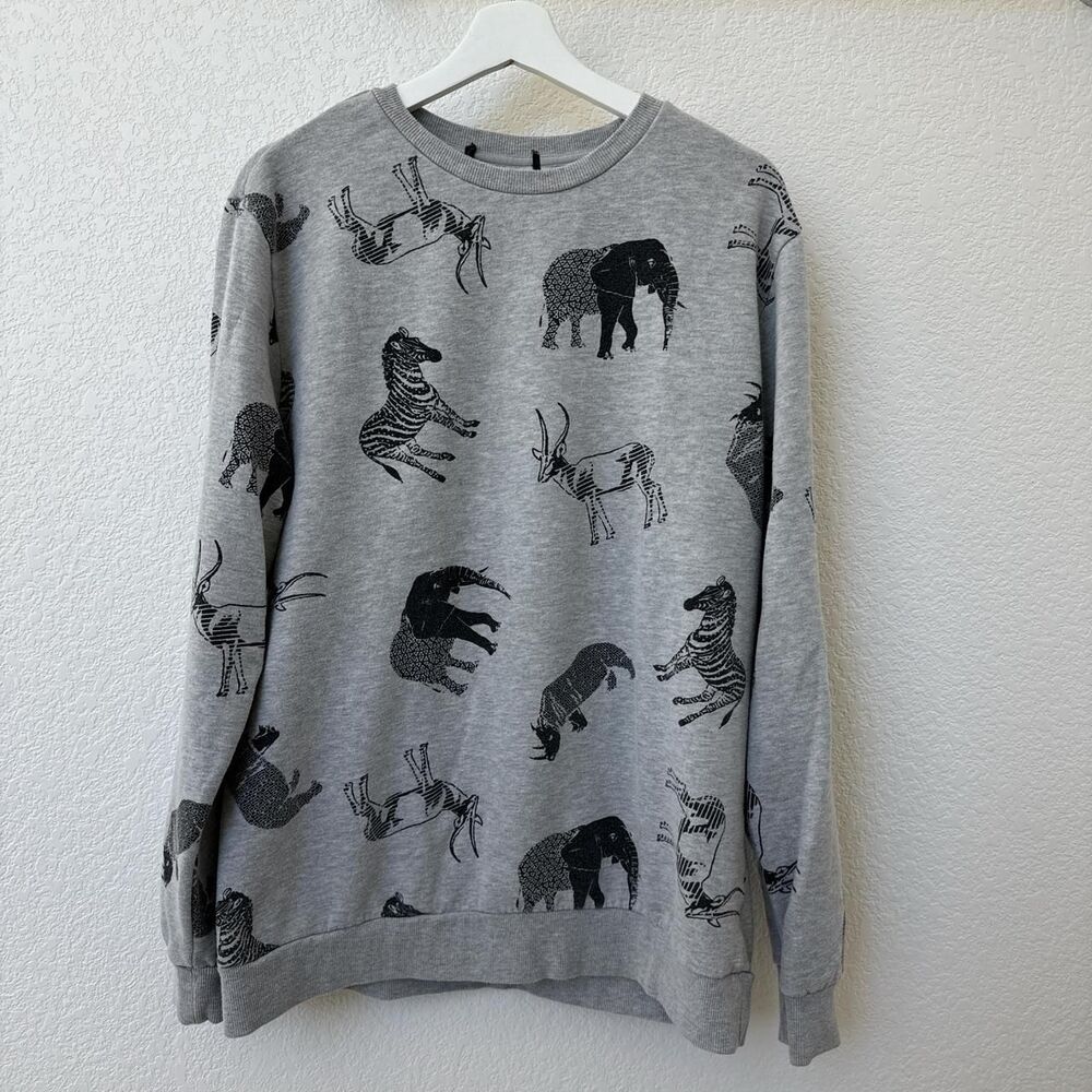 Zara Sweatshirt Men's Large Grey Animal Print Crewneck Pullover